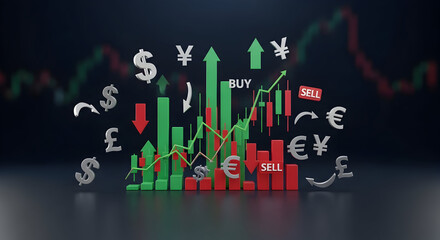 Financial market analysis with currency symbols and stock charts showing investment trends and economic growth in a dynamic and volatile global economy