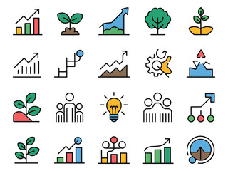 A colorful collection of growth and success icons representing progress and innovation.