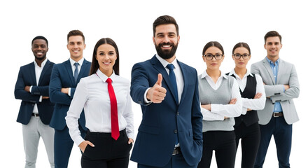 A diverse group of business professionals smiling and giving a thumbs up, isolated on transparent background