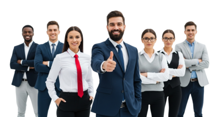 A diverse group of business professionals smiling and giving a thumbs up, isolated on transparent background