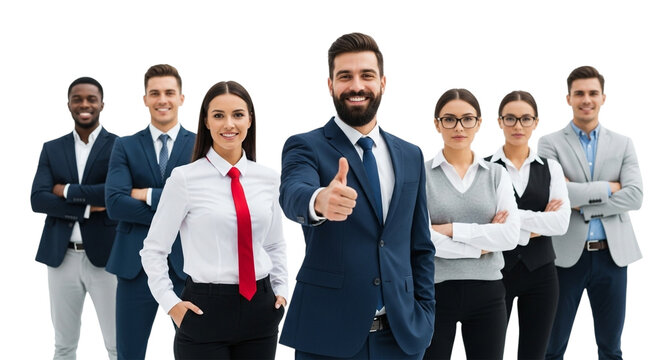 A diverse group of business professionals smiling and giving a thumbs up, isolated on transparent background