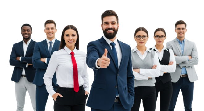 A diverse group of business professionals smiling and giving a thumbs up, isolated on transparent background