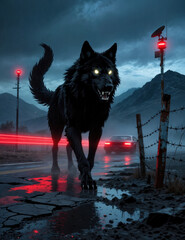 Night Wolf with Fiery Eyes on a Dark Road