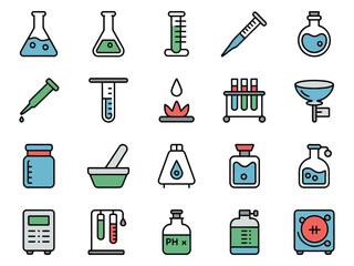 A diverse collection of laboratory equipment and glassware in vibrant colors for scientific work.