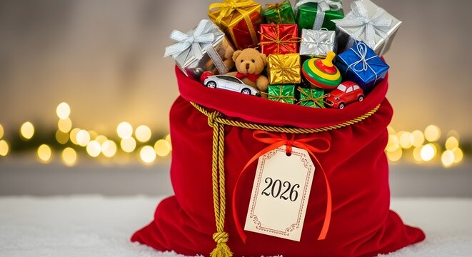 2026 Santa Gift Sack with Presents &ndash; Red Velvet Bag, Toys, Christmas Lights, Festive Holiday Background