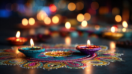Close up of lit diya lamps on a colorful rangoli during diwali celebration at night