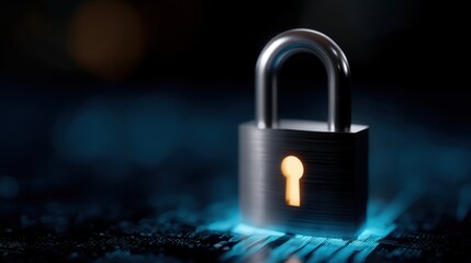 Fototapeta premium A metallic padlock with a glowing keyhole sits on a digital surface, symbolizing cybersecurity and data protection in a technological environment