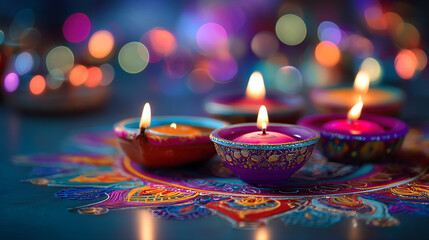 Close up of lit diya lamps on a colorful surface with blurred lights background