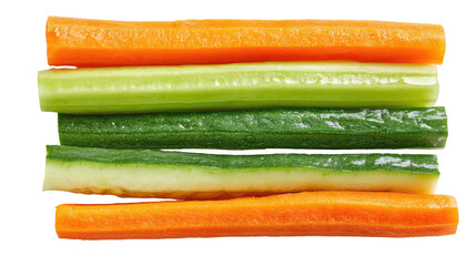 Colorful vegetable sticks arranged in stacked layers
