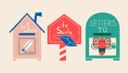 A set of mailboxes with letters for Santa Claus. Christmas elements in a colorful flat style. 