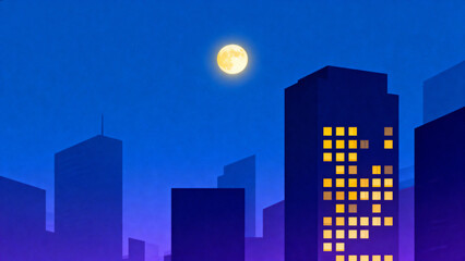 City skyline under moonlit sky