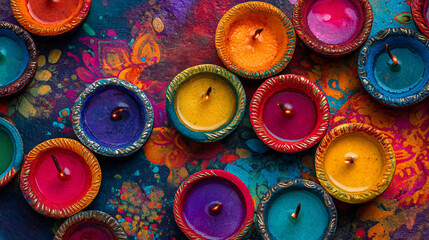 Overhead view of colorful diya candles arranged on a vibrant painted surface art