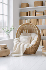 Cozy reading nook with wicker chair, blanket and bookshelves