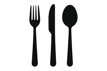 Cutlery set of fork, knife, spoon. Black silhouette icons in flat style. Vector illustration for restaurant menu, dining, and kitchen. Tableware and flatware for eating, food concept.