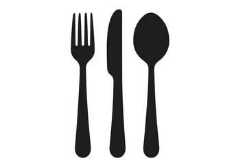 Cutlery icon set with fork, knife, spoon silhouette. Vector flat illustration for restaurant menu, dinner, kitchen design. Utensil symbol for food, tableware, eating.