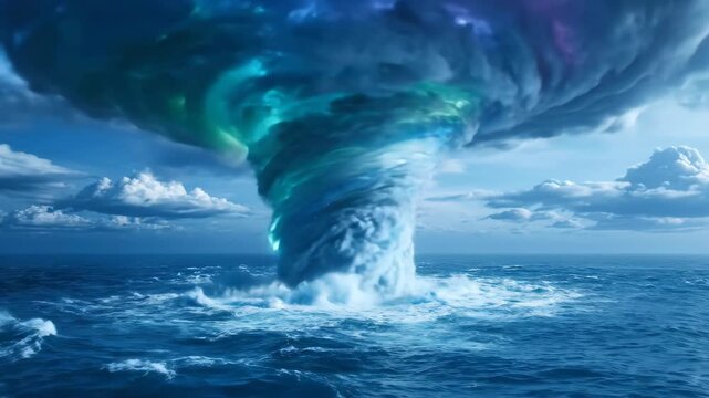 Vibrant and powerful waterspout with electrifying blue, green, and purple energy erupting from a turbulent ocean, showcasing a breathtaking and dramatic natural phenomenon
