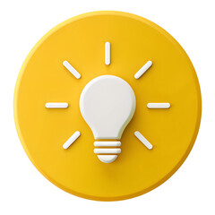 Bright white light bulb icon emitting rays of light on a yellow circular background isolated on transparent background