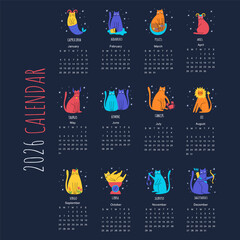 Colorful 2026 calendar design with whimsical zodiac cats. Each month features a playful hand-drawn feline inspired by astrology signs on a dark starry background. Fun, magical, and unique illustration