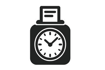 Time clock icon, punch clock silhouette. Employee work attendance and time card tracking concept. Business hour management, payroll, and deadline symbol. Vector illustration.