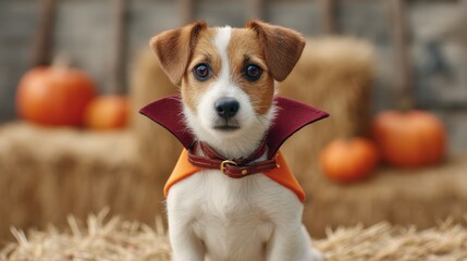 Adorable puppy wearing a Halloween cape sitting on hay bales surrounded by pumpkins in a festive autumn setting ideal for seasonal celebrations