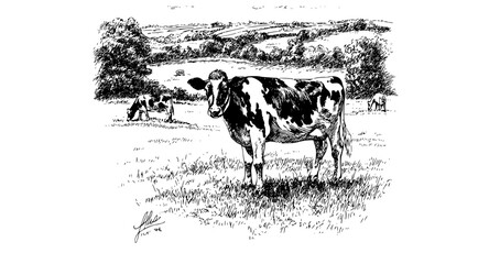 a black and white drawing of a cow standing in a fieldblack, calf, cattle, cow, drawing, field, grass, grassy, graze, hillside, illustration, ink, lush, milk, pasture, stand, white 