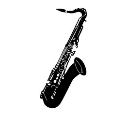 Naklejka premium a black and white silhouette of a saxophoneblack, clarinet, icon, illustration, instrument, profile, sax 