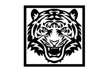 a stylized tiger head in a square frameanimal, bengal tiger, black, head, image, logo, open, tiger, white 