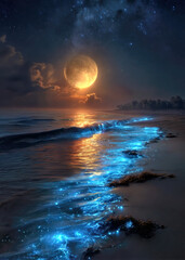As the golden moon rises above the horizon, ocean waves shimmer with bright blue light, creating a magical scene. Stars twinkle, illuminating the calm beach, capturing nature's beauty.