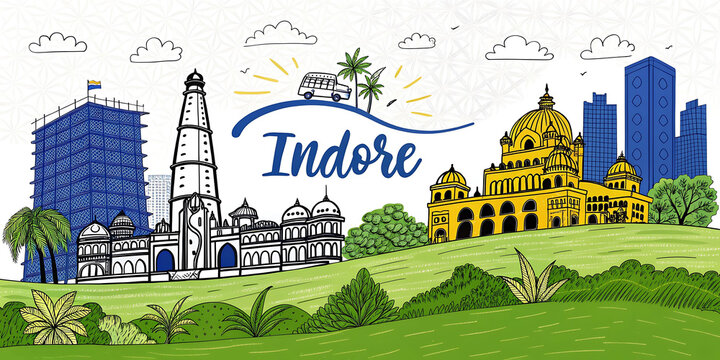 Indore Skyline Illustration: Ultra-Detailed Sketch for Tourism Promotion Featuring Cultural Landmarks