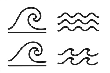 Wave icon set, linear water symbols, ocean wave vector illustrations, minimalist black line art, transparent background, sea and water design elements, fluid motion symbols