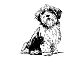a black and white drawing of a dog with a long, shaggy coatblack, dog, floor, illustration, sit, white 