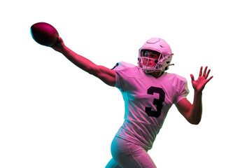 A football player in uniform throwing a football, isolated on transparent background with colorful lighting