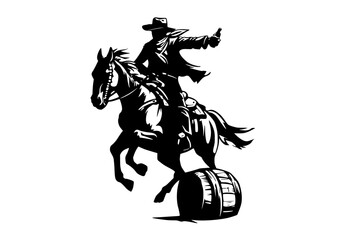 a cowboy riding a horse with a barrelbarrel, black, cowboy, cowboy hat, gun, horse, horseback, illustration, lasso, man, profile, ride, rodeo, sun hat 