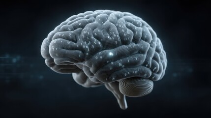 Futuristic 3D Representation of Human Brain with Digital Binary Code Elements Illustrating Technology and Neuroscience Concepts