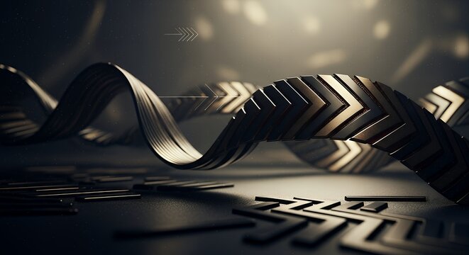 "Golden Data Helix: Abstract 3D Render of a DNA-Like Strand Made of Chevron Arrows, Representing Technology and Finance Flow"