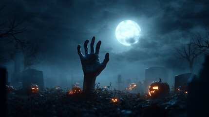 A zombie hand rises from a graveyard under a full moon with jack o lanterns around