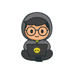 Cute hacker chibi with laptop cartoon illustration. Cyber security hacker character mascot design. Programmer hacker with hoodie working on computer illustration.
