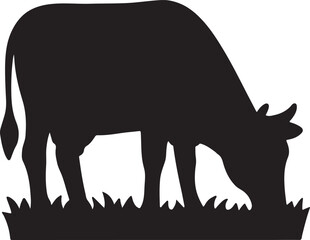 Cow grazing in grass silhouette, ideal for farm, pasture, agriculture, and nature designs.