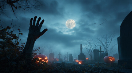 A spooky halloween graveyard scene with pumpkins, zombie hand, and a full moon night