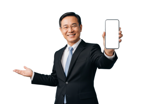 An asian man in a suit smiles and holds up a smartphone, isolated on transparent background