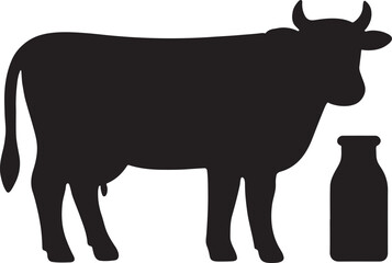 Cow silhouette with milk bottle symbol, perfect for dairy, farm, and agriculture designs.