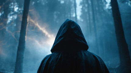 A hooded figure stands in a dark forest with light streaming through the trees ahead