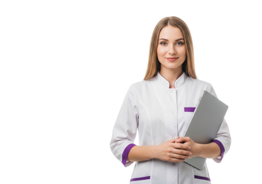 Young female doctor in medical uniform holding a laptop, isolated on transparent background