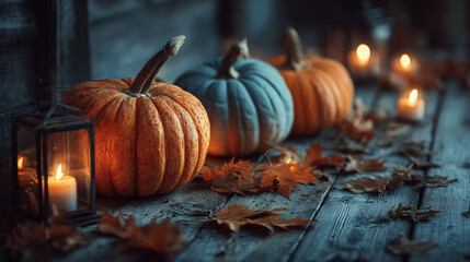 A rustic autumn display with pumpkins, candles, and fallen leaves on wood planks