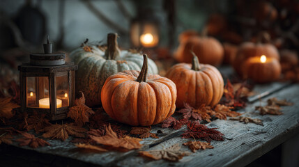Autumnal arrangement of pumpkins, leaves, and a lantern on a rustic wooden surface