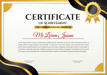 Modern Certificate of Achievement Template with a Prominent Gold Seal and Black Ribbons