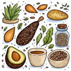 Vibrant Collection of Avocado, Seeds, and Natural Ingredients