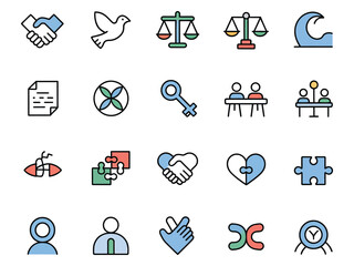 Set of diverse icons representing cooperation, justice, and community engagement.