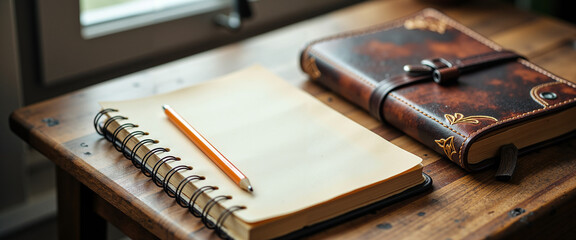 Empty notebook and leather journal on wooden table by window  