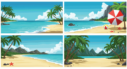 Tropical beach collage with palm trees, umbrellas, starfish, ocean views, mountain background, summer vacation concept, relaxing coastal paradise vector